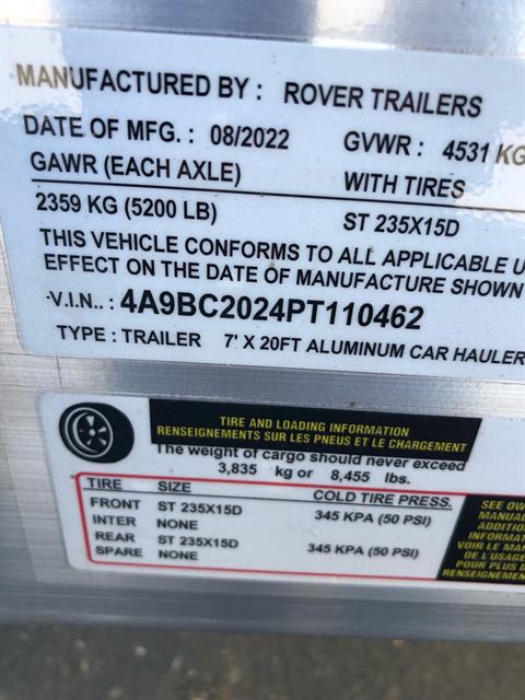 2023 Rover Trailers 7x20' Aluminum Car Hauler in Elk Grove, California - Photo 6