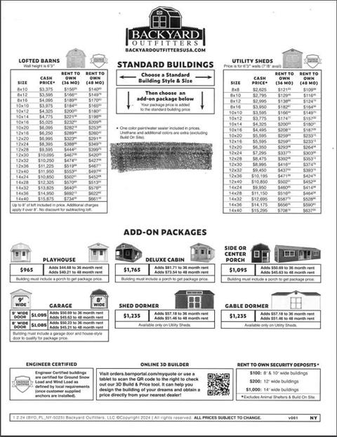 2024 Backyard Outfitters Shed Brochure in Arcade, New York