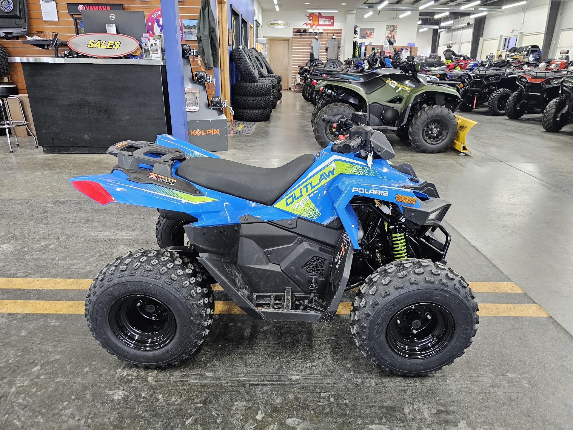 New 2024 Polaris Outlaw 70 EFI Velocity Blue / Lifted Lime | ATVs For ...