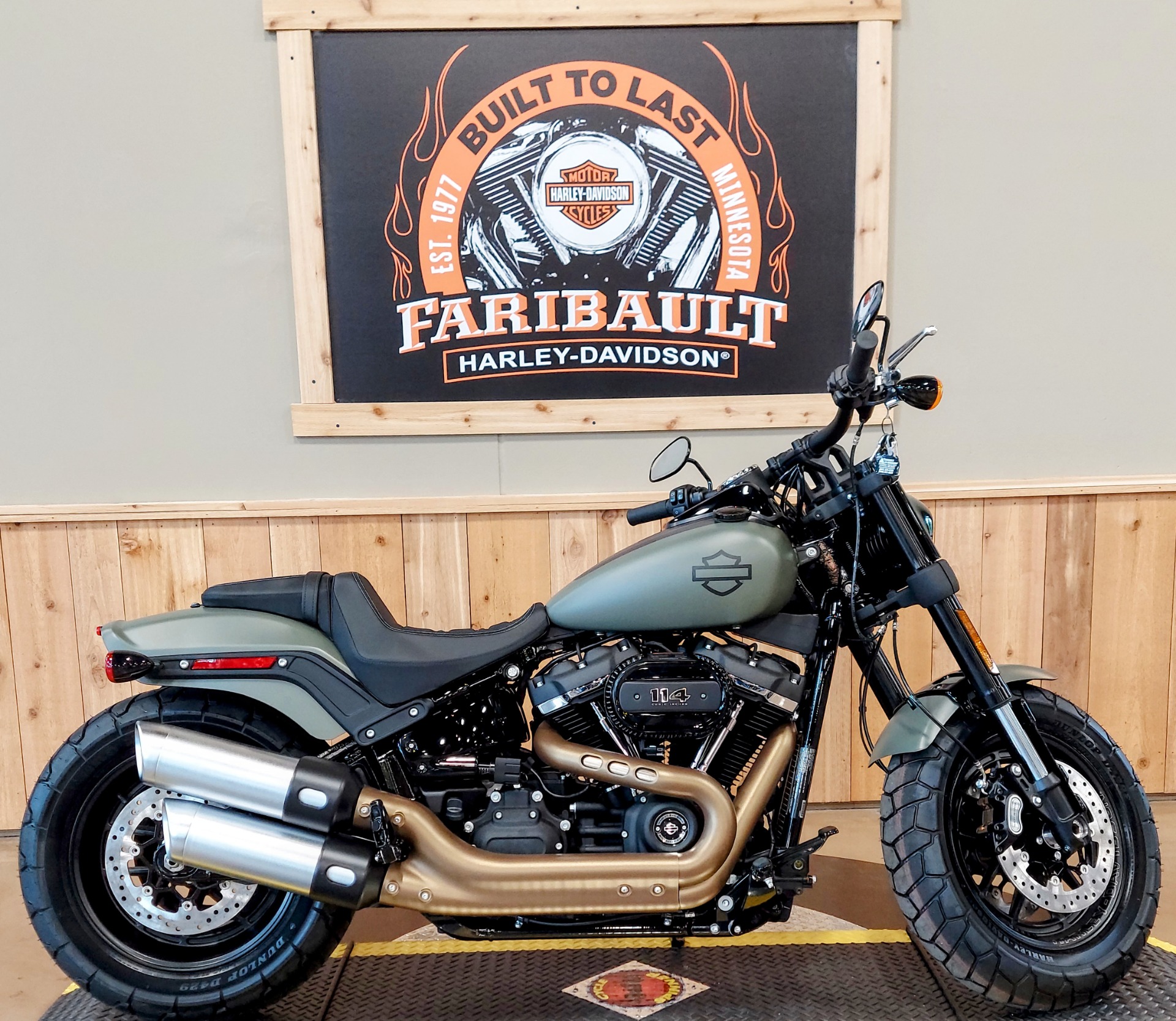 New 2021 Harley Davidson Fat Bob 114 Motorcycles In Faribault Mn Sf031766 Deadwood Green Denim