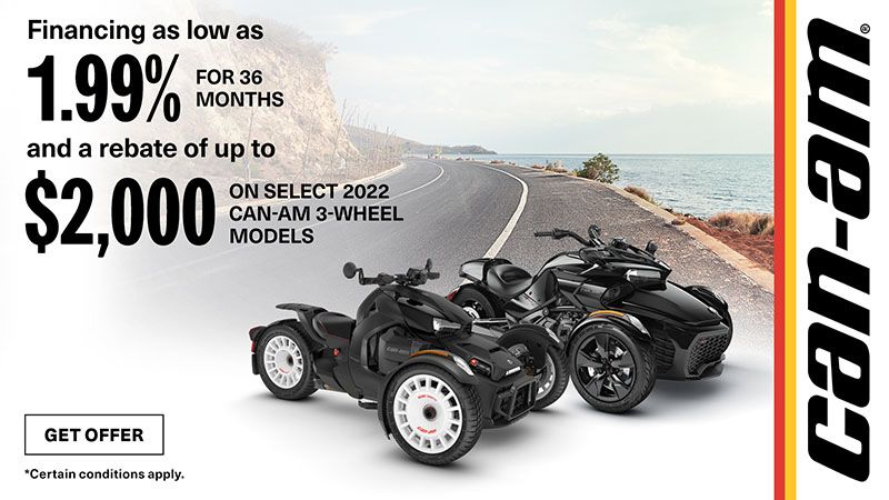 Can-Am - Get a $2,000 rebate and financing as low as 1.99% for 36-months on select 2022 3-wheel models