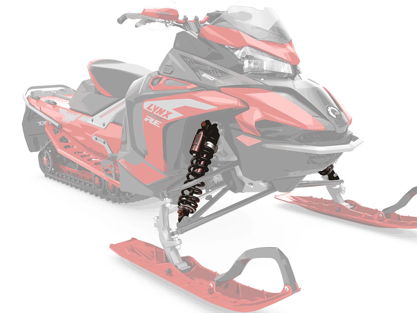 MORE STABILITY: LFS+ front suspension - The new LFS+ front suspension features more suspension travel and wider, 1097 mm ski stance, providing the Lynx Rave sport snowmobile with improved control and flatter cornering capability. - Photo 13